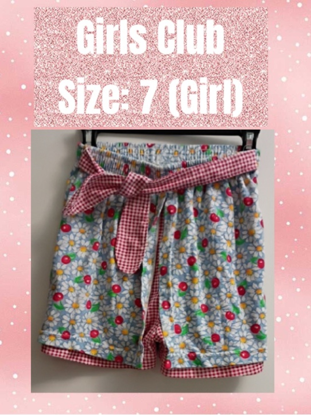 Girl's Floral Daisy Print Shorts with Red Gingham Waist Tie